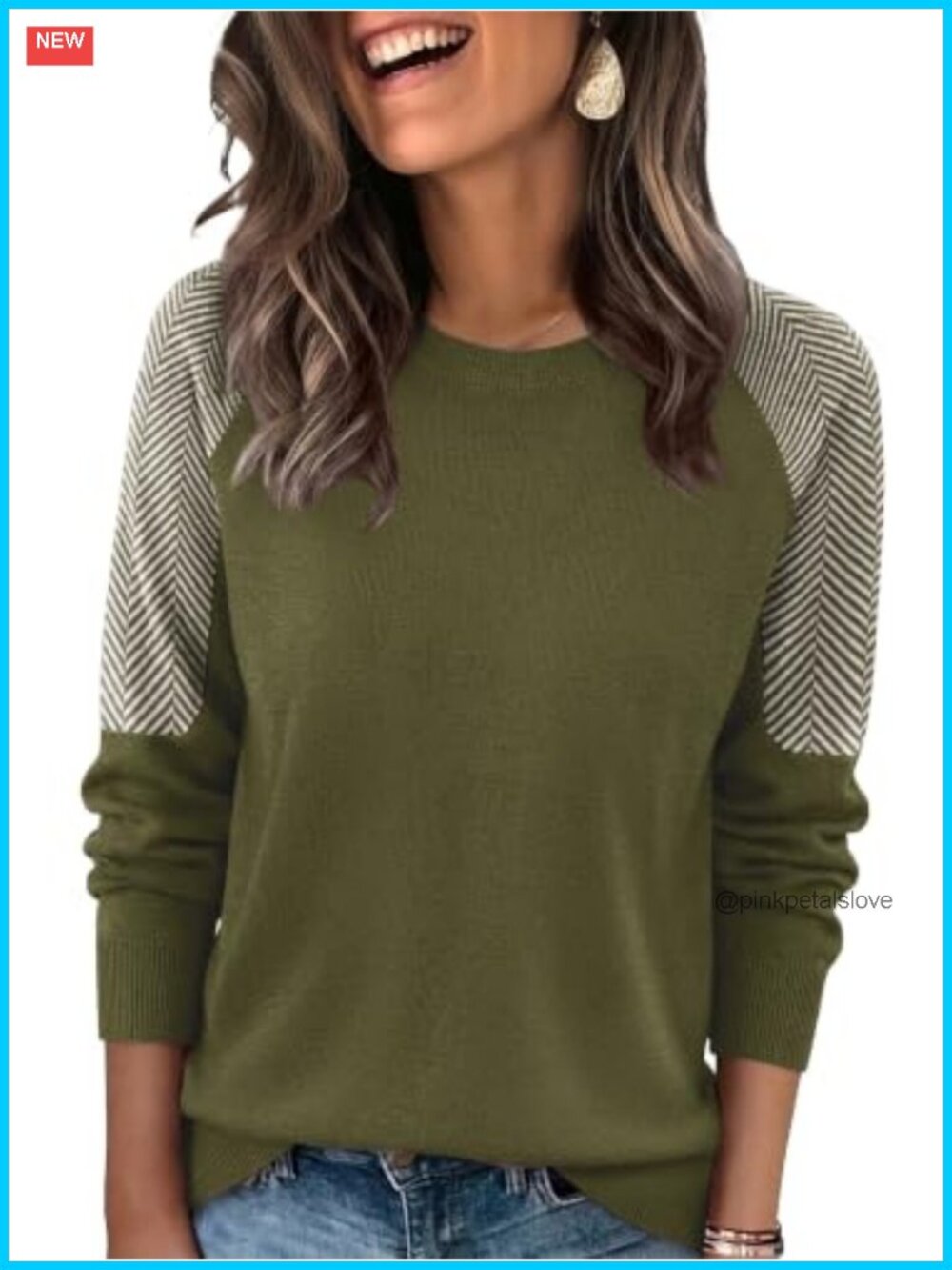 Womens Soft Knit Sweater Contrast Raglan Sleeve Crewneck Pullover